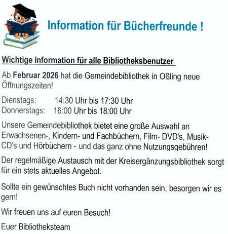 Gemeindebibliothek O&szlig;ling - &Ouml;ffnungszeiten 2026