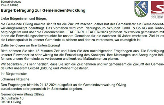 Gemeinde Oßling Bürgerbefragung 2024 - Fragebogen