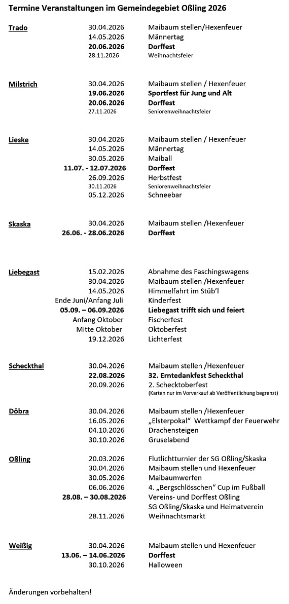 Gemeinde O&szlig;ling - Veranstaltungen 2026