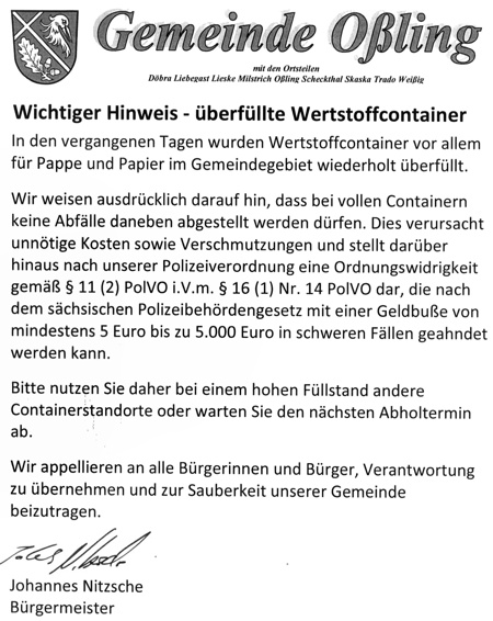 &Uuml;berf&uuml;llte Wertstoffcontainer