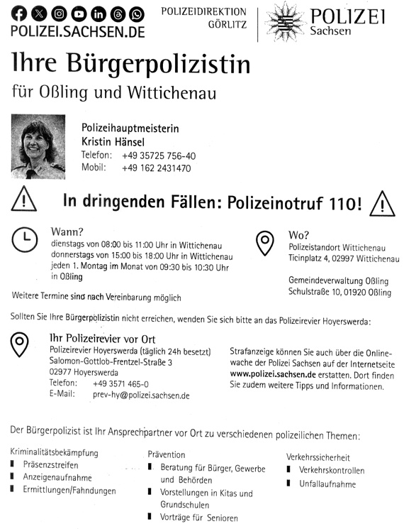 O&szlig;ling: Sprechstunde B&uuml;rgerpolizei